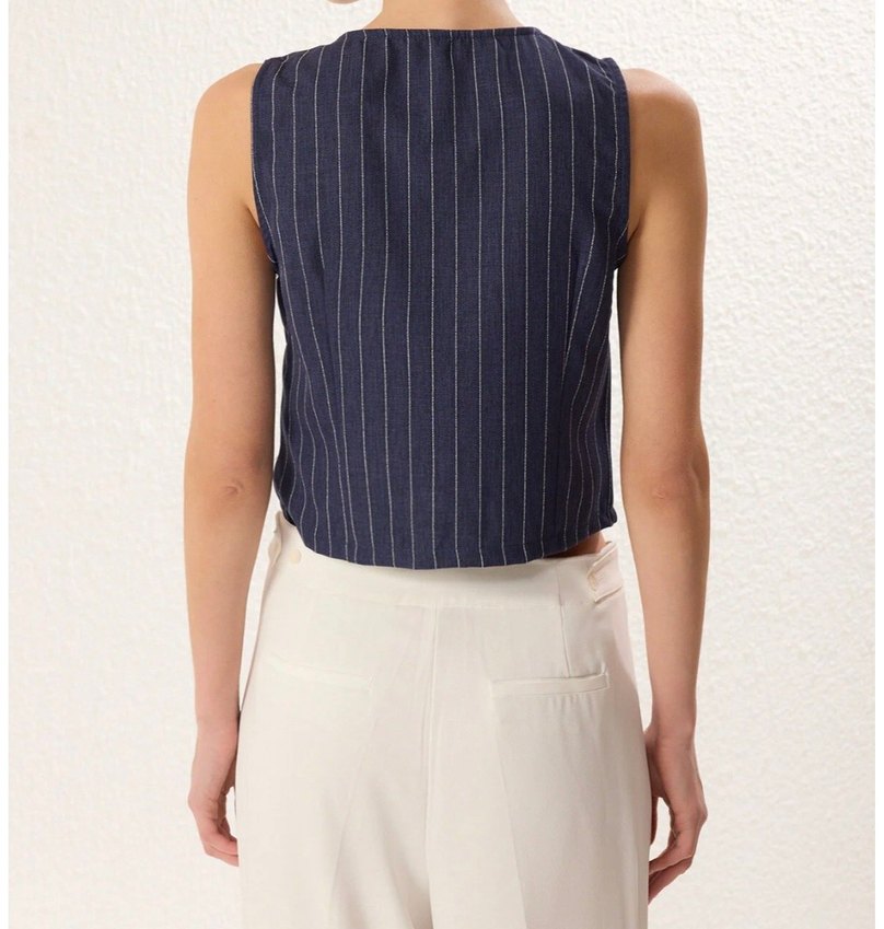 Düğmeli Çizgili Lacivert Kadın Yelek - Görsel 3