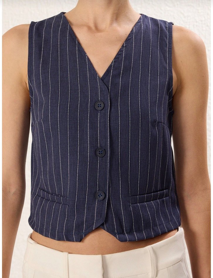 Düğmeli Çizgili Lacivert Kadın Yelek - Görsel 2