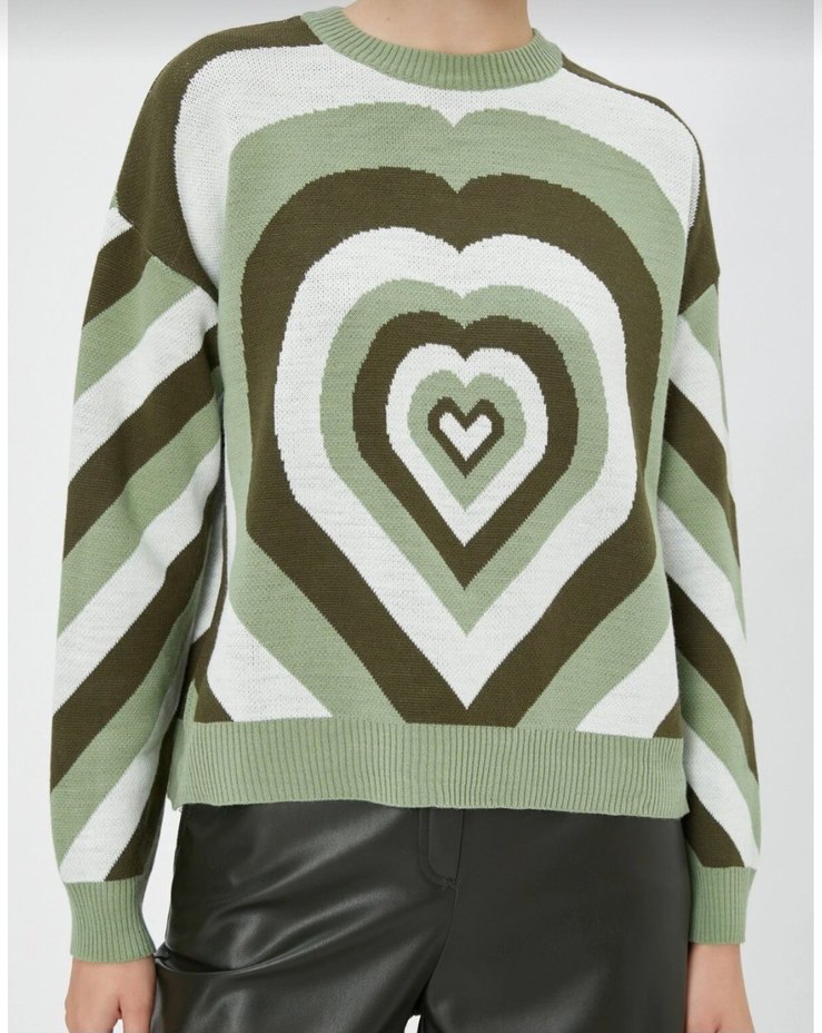 Kadın Haki Renkli Örgü Pop Art Kazak - Görsel 3