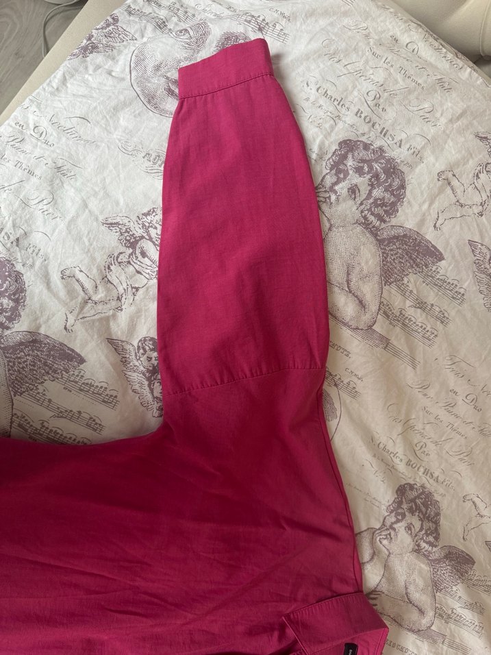 Düğmeli Pembe Keten Kadın Gömlek - Görsel 3