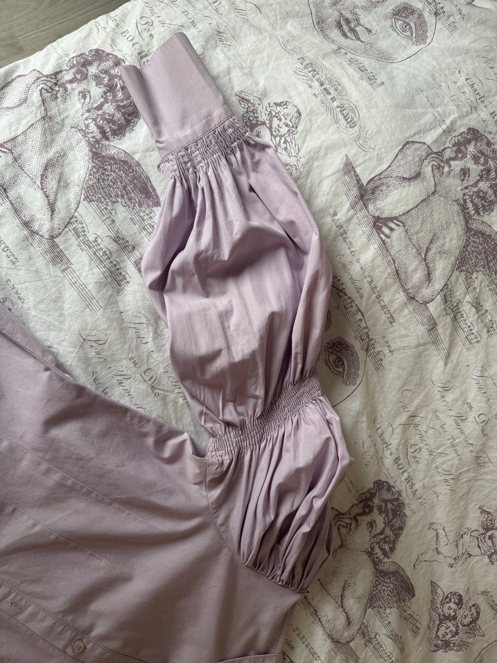 Mor, uzun kollu, düğmeli, gevşek kesim gömlek - Görsel 2