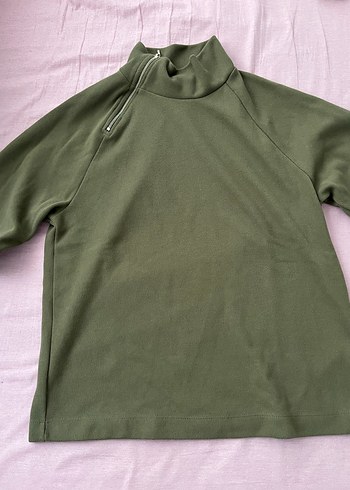 Kadın Haki Yarım Fermuarlı Yüksek Yakalı Sweatshirt - Görsel 2