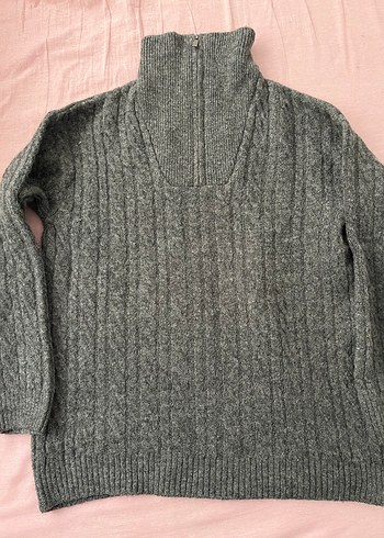 Gri Yarım Fermuarlı Yün Kadın Kazak - Görsel 3