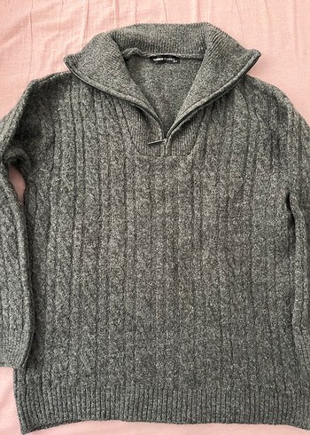 Gri Yarım Fermuarlı Yün Kadın Kazak - Görsel 2