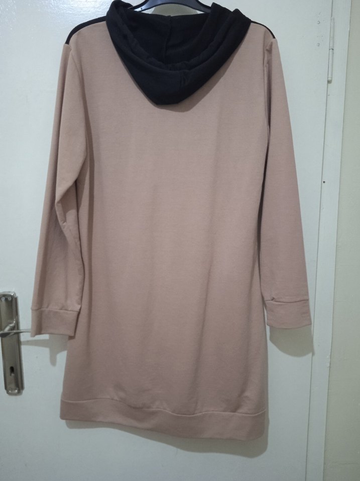 Bej Siyah Kapüşonlu Uzun Kadın Ceket - Görsel 2