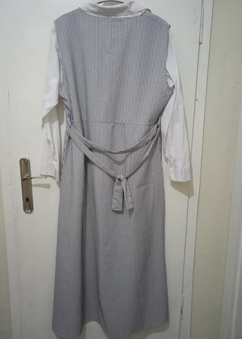 Düğmeli Gri Keten Uzun Elbise - Görsel 2