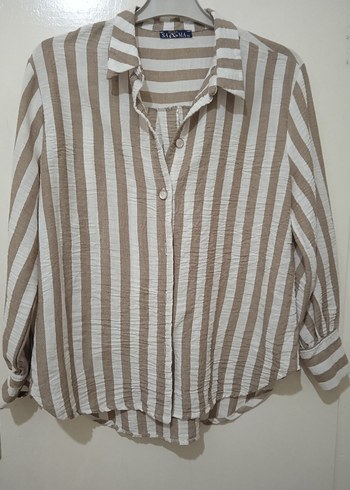 Bej Çizgili Kadın Keten Gömlek - Görsel 2