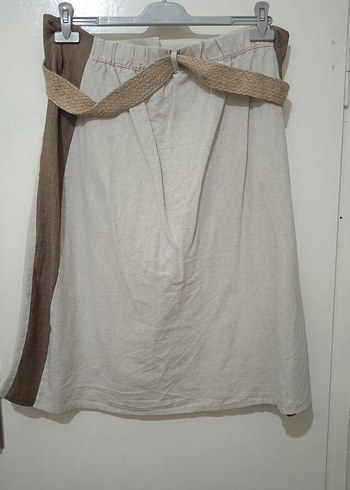 Düğmeli Bej Keten Uzun Etek - Görsel 2