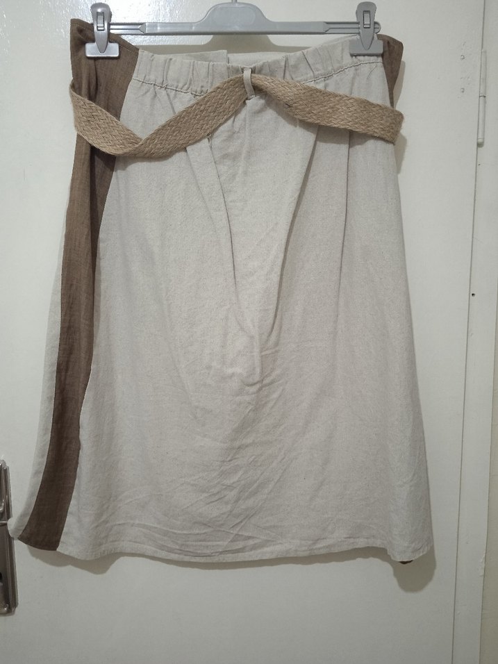 Düğmeli Bej Keten Uzun Etek - Görsel 2