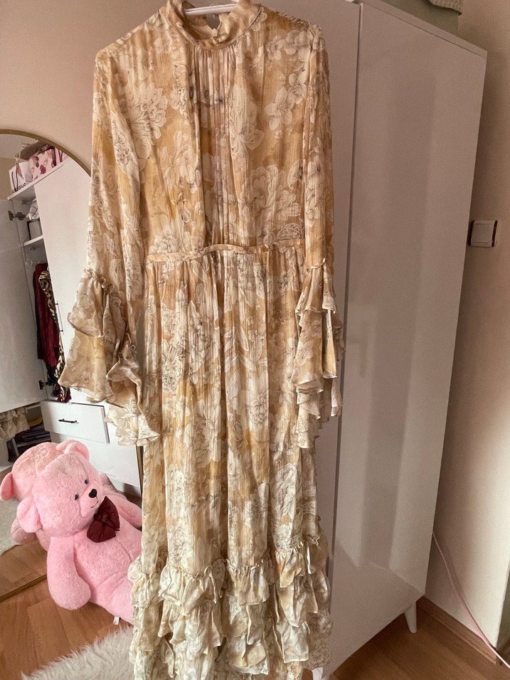 adL Bej Uzun Bohem Fırfırlı Elbise - Görsel 2