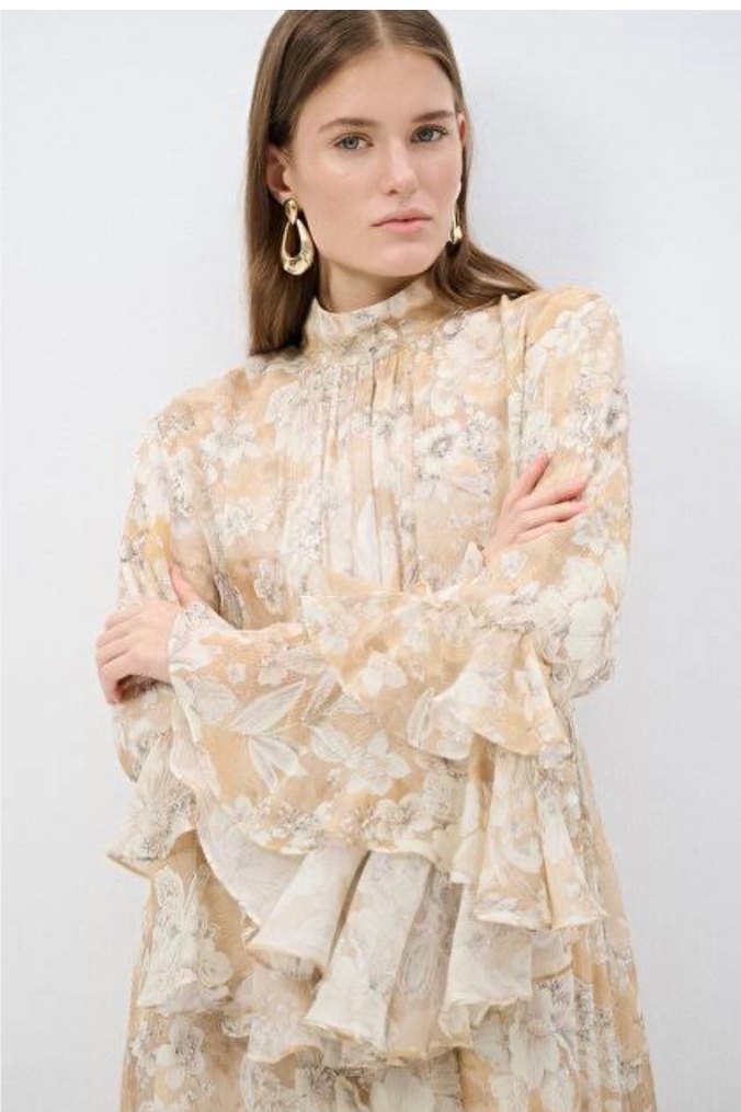 adL Bej Uzun Bohem Fırfırlı Elbise - Görsel 3