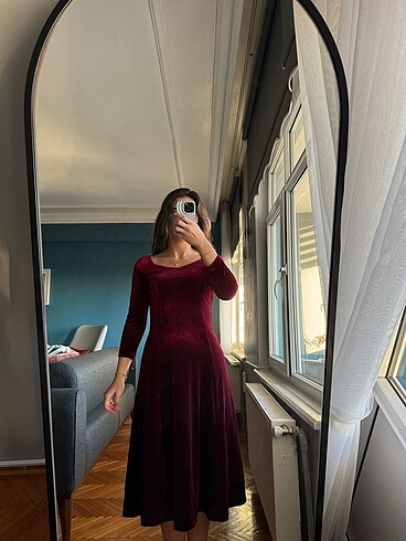 s Beden bordo kadife elbise
