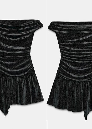 Parıltılı Siyah Drapeli Mini Elbise - Görsel 5