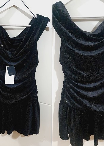 Parıltılı Siyah Drapeli Mini Elbise - Görsel 7