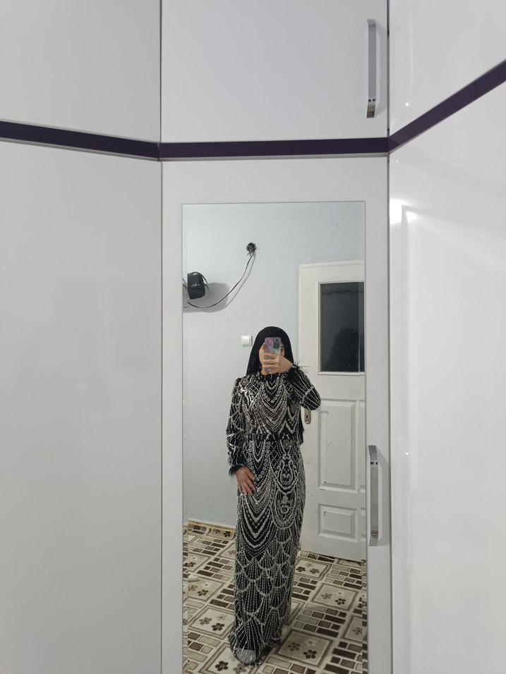 Uzun Kollu Yılan Desenli Şeffaf Uzun Elbise - Görsel 2