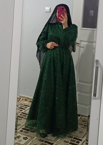 Parlak Yeşil Uzun Kollu Abiye Elbise şal dahil - Görsel 2