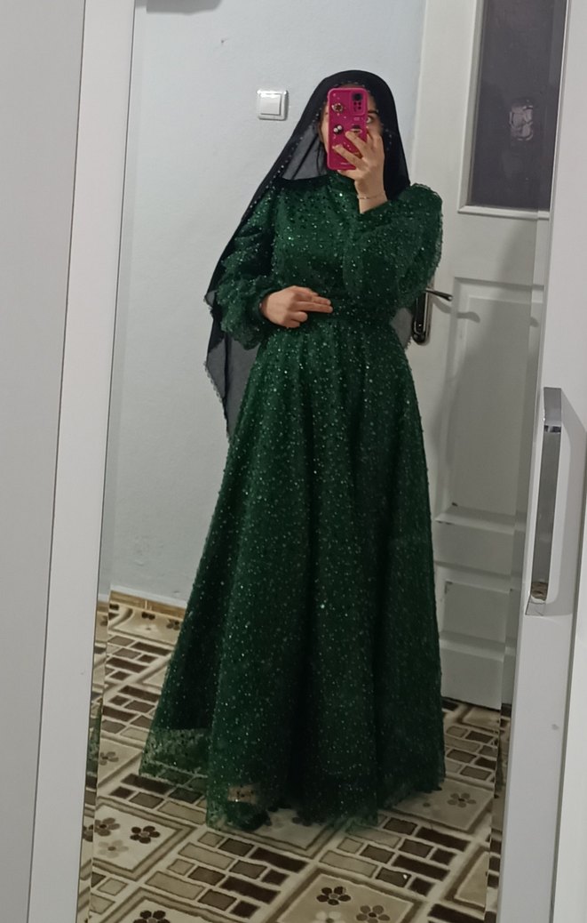 Parlak Yeşil Uzun Kollu Abiye Elbise şal dahil - Görsel 2