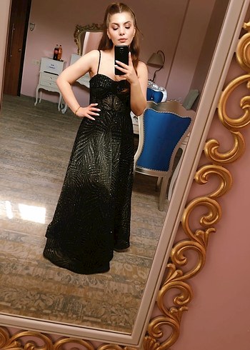 İşlemeli Siyah Straplez Uzun Abiye Elbise - Görsel 3