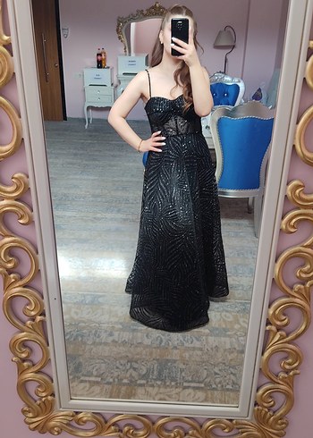 İşlemeli Siyah Straplez Uzun Abiye Elbise - Görsel 2