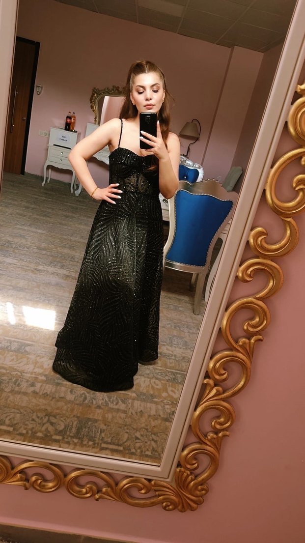 İşlemeli Siyah Straplez Uzun Abiye Elbise - Görsel 3