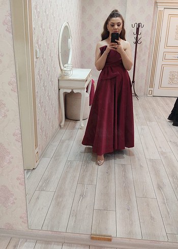 Bordo Uzun Drapeli Abiye Elbise - Görsel 2