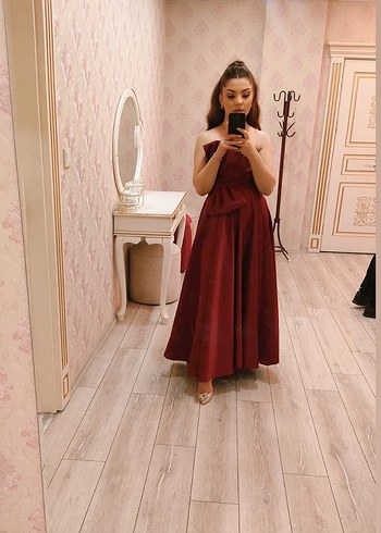 Bordo Uzun Drapeli Abiye Elbise - Görsel 4