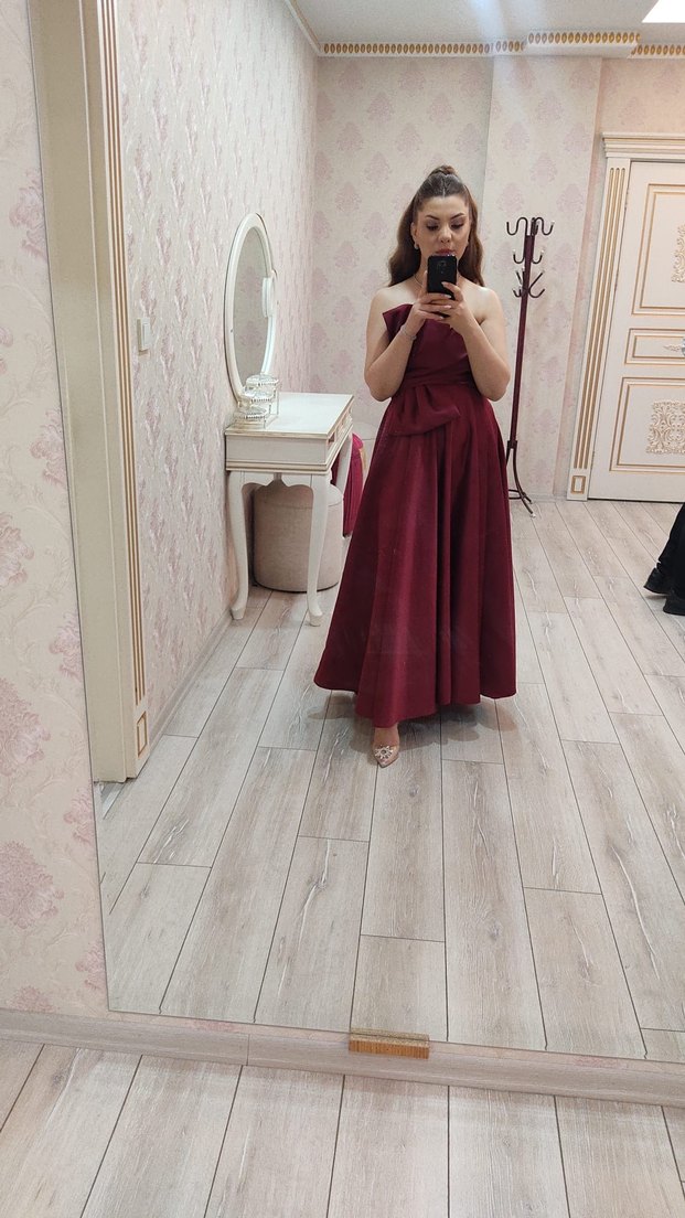 Bordo Uzun Drapeli Abiye Elbise - Görsel 2