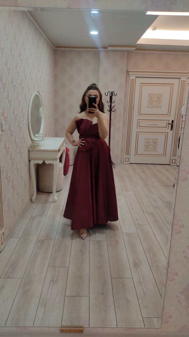 Bordo Uzun Drapeli Abiye Elbise - Görsel 3