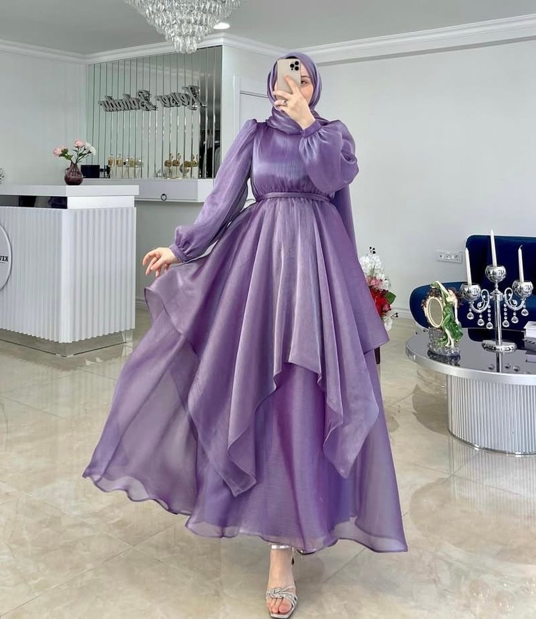 Mor Uzun Kollu Salaş Bohem Stil Elbise - Görsel 2