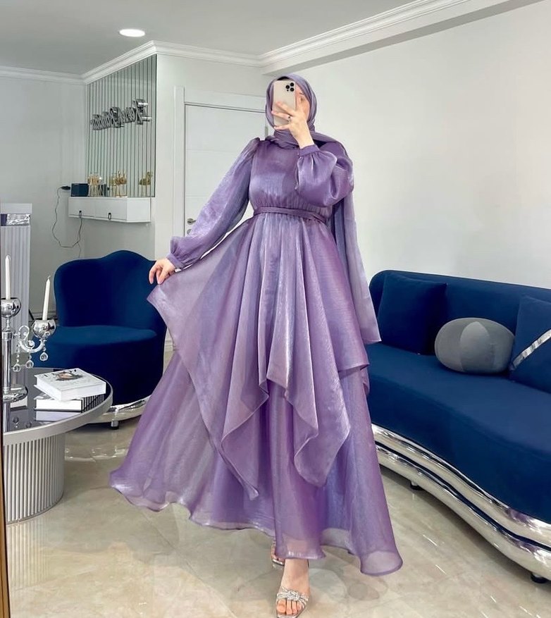 Mor Uzun Kollu Salaş Bohem Stil Elbise - Görsel 3