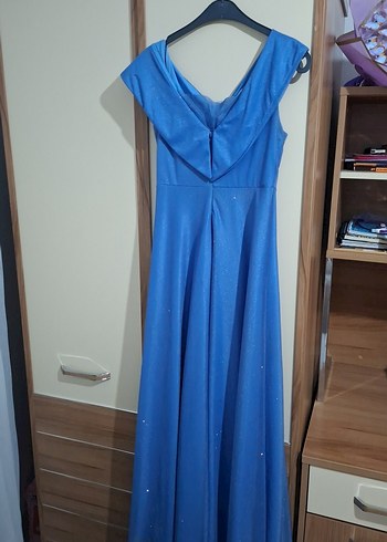 Uzun Parlak Mavi Drapeli Straplez Elbise - Görsel 2
