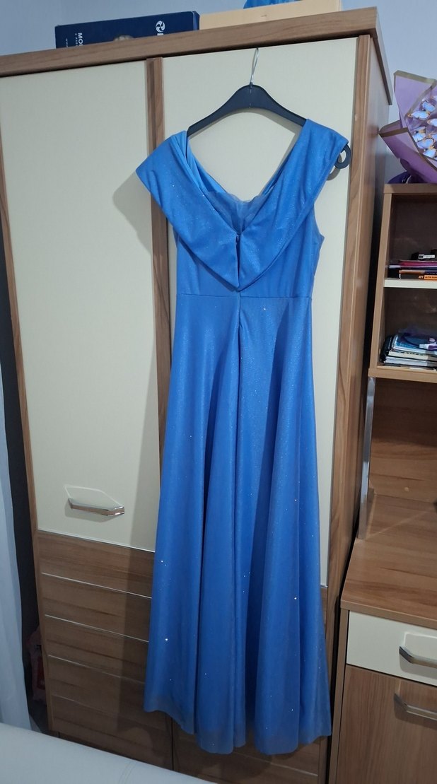 Uzun Parlak Mavi Drapeli Straplez Elbise - Görsel 2