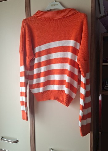 Çizgili Kırmızı Örgü Kadın Kazak - Görsel 2