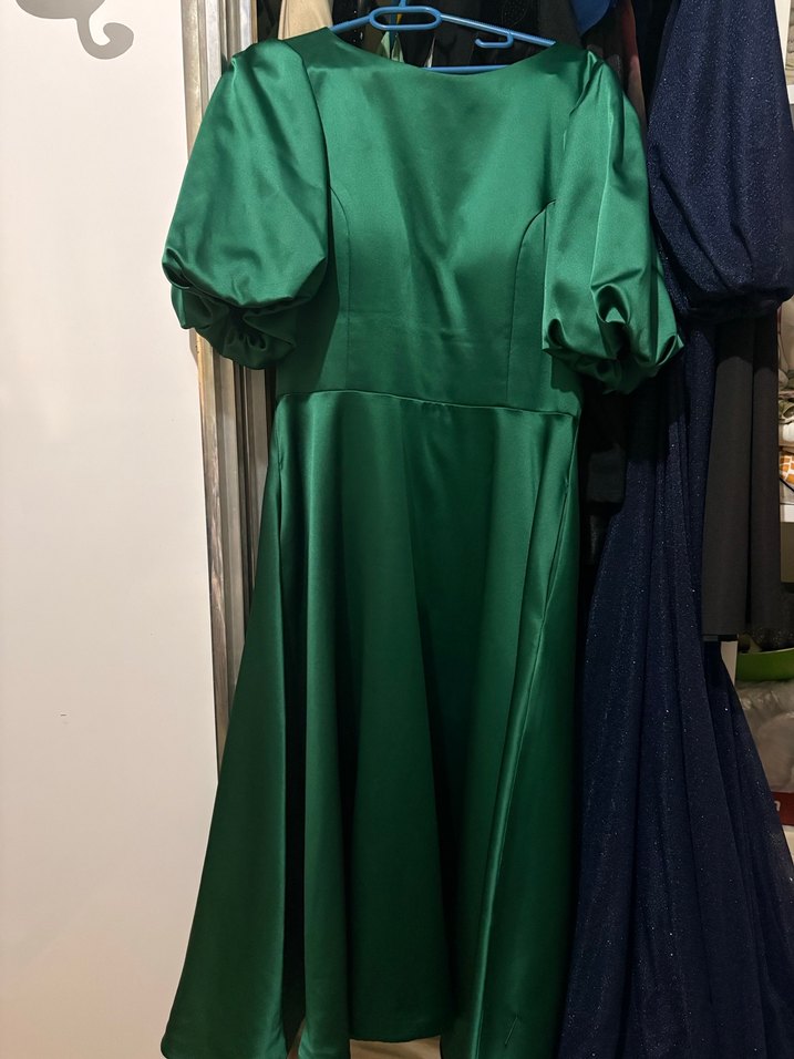 Yeşi midi Drapeli Kadın Elbise saten - Görsel 2