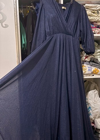 Drapeli V Yaka Lacivert Uzun Elbise - Görsel 2