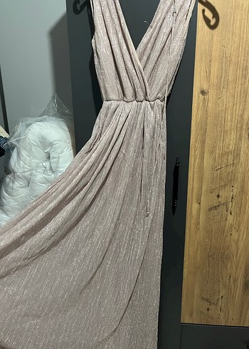 Bej Drapeli V Yaka Uzun Abiye Elbise - Görsel 2