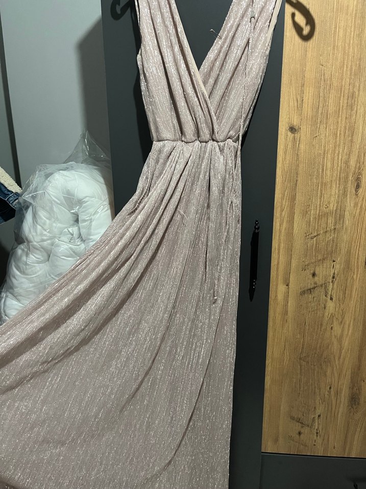 Bej Drapeli V Yaka Uzun Abiye Elbise - Görsel 2