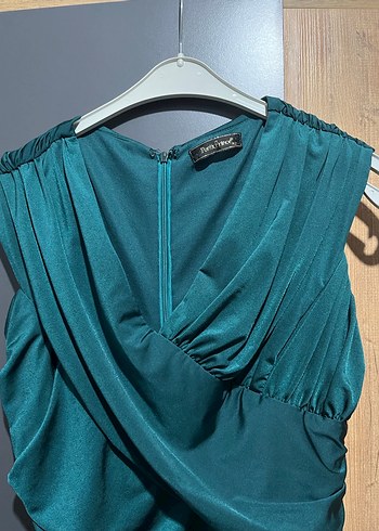 Uzun Kollu Drapeli Turkuaz Kadın Elbise - Görsel 2