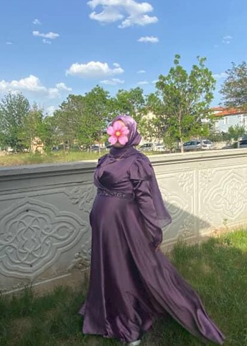 Mor V Yakalı Uzun Abiye Elbise - Görsel 4