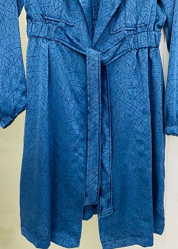 Kadın Mavi Uzun Denim Kemerli Ceket - Görsel 2