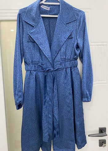 Kadın Mavi Uzun Denim Kemerli Ceket - Görsel 5