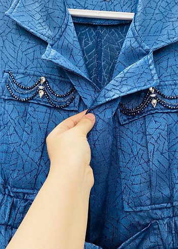 Kadın Mavi Uzun Denim Kemerli Ceket - Görsel 3