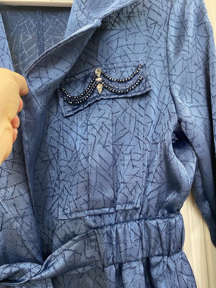 Kadın Mavi Uzun Denim Kemerli Ceket - Görsel 4