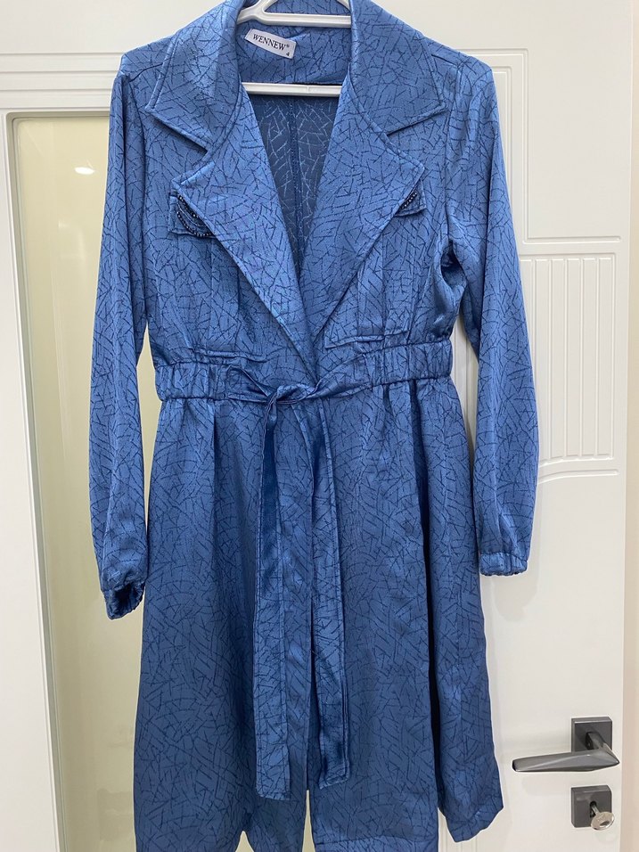 Kadın Mavi Uzun Denim Kemerli Ceket - Görsel 5