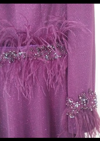 Mor Uzun Kollu Tüy Detaylı Abiye Elbise - Görsel 3