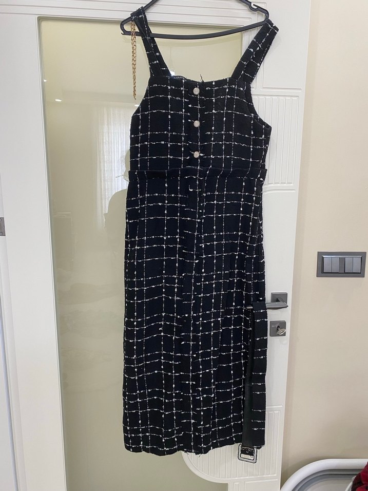 Düğmeli Siyah Kareli Kadın Tulum - Görsel 2