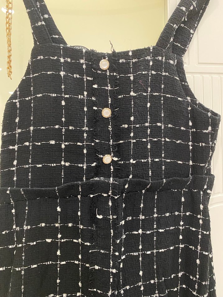 Düğmeli Siyah Kareli Kadın Tulum - Görsel 3