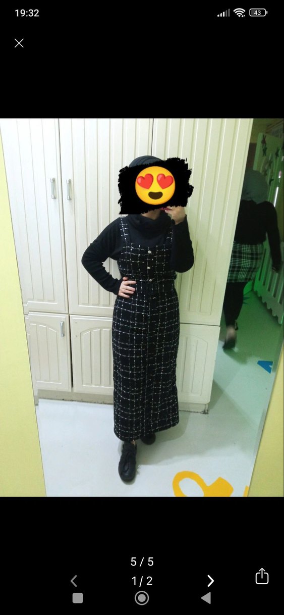 Siyah Kare Desenli Uzun Triko Elbise - Görsel 2