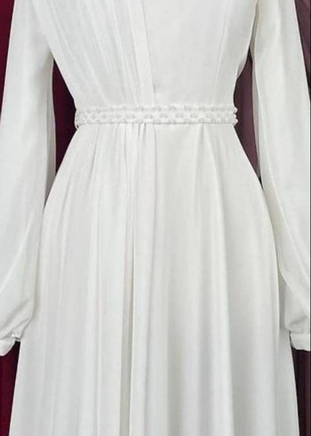 Beyaz Uzun Kollu Yüksek Yakalı Abiye Elbise - Görsel 2