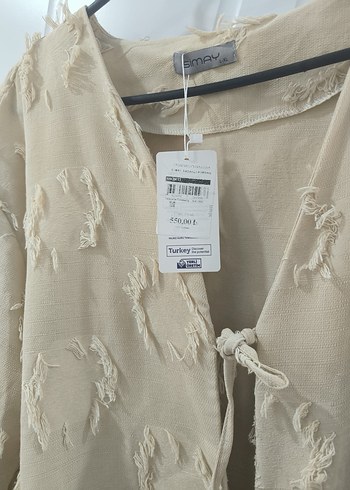 Düğmeli Bej Kadın Keten Kimono - Görsel 2